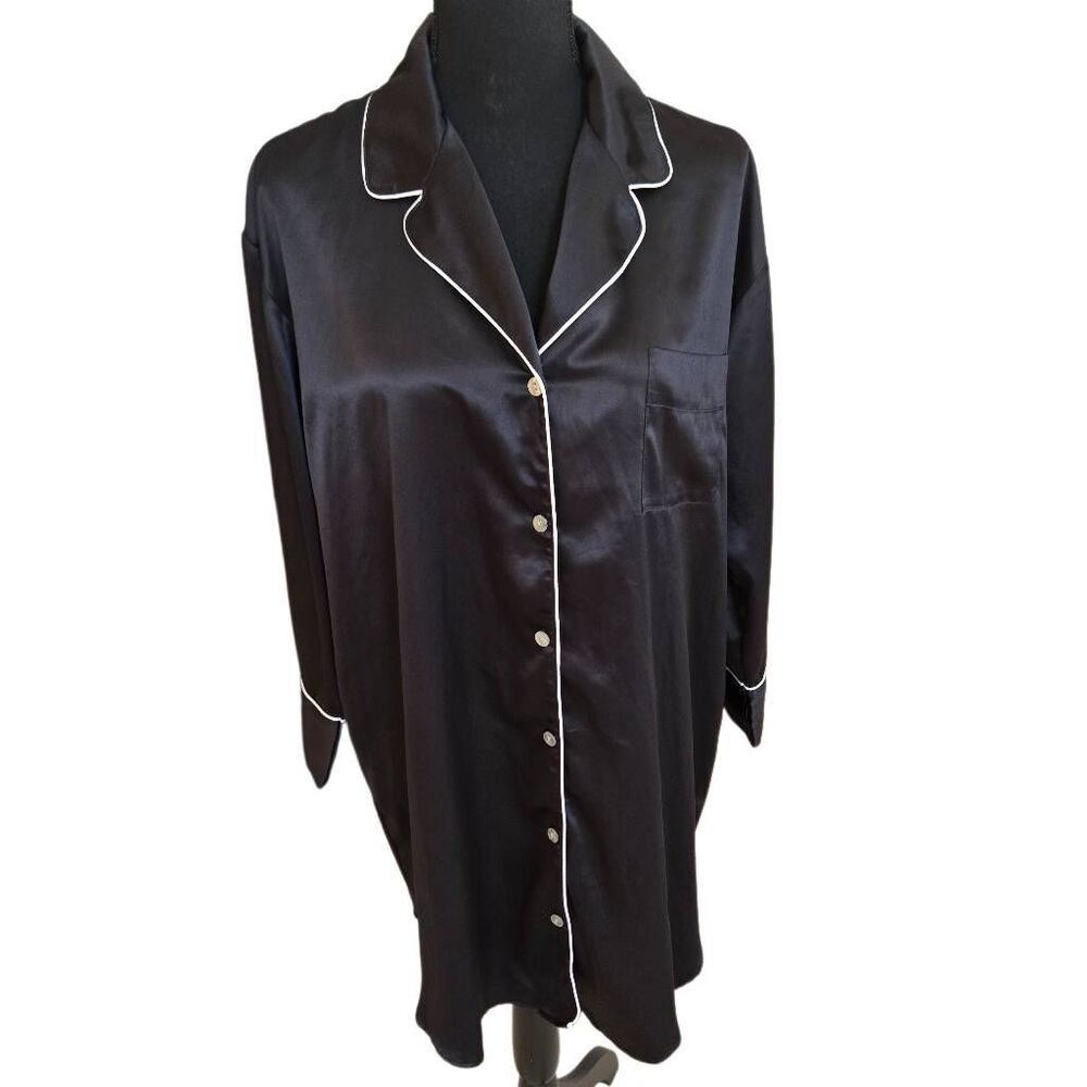 NATORI Private Luxuries Womens Silky Button Up Sleepshirt Nightgown Black Small